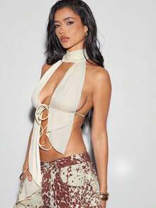 Top halter de malla con cuello alto, espalda abierta y recortes sexy, top sin espalda, atuendos de vacaciones para mujer, atuendos de verano para mujer, de moda, atuendos para ir de fiesta, tops sexy - Albaricoque - Ver 4