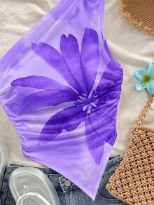 Blusa de estilo vacacional minimalista y casual con estampado floral rosa para mujer, adecuada para el verano - Morado - Ver 7