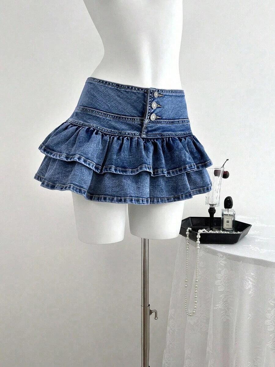 Falda de mezclilla de moda para mujer con diseño de cintura con botones y dobladillo con doble volante - Lavado ligero 2 - Ver 1