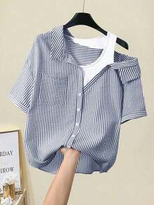 Camisa de mujer casual de manga corta raglán a rayas texturizada azul y blanca, de verano - Azul marino - Ver 3