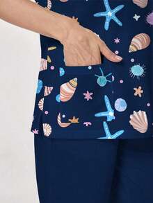 PopScrub Conjunto de 2 piezas con diseño de bolsillo con oreja, estampado de gato y planta de dibujos animados, de cuello en V y manga corta, uniforme de enfermera de primavera/verano, pantalón casual de color azul claro, conjunto de uniforme de enfermera, adecuado para amantes de los gatos - Multicolor 7 - Ver 6