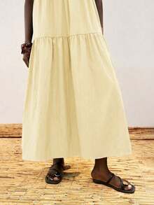 Vestido casual de vacaciones con diseño de volantes escalonados en verde jade, vestido cómodo con cuello redondo, división horizontal, parches y fruncidos, atuendo bohemio de playa, elegante vestido de estilo occidental para vacaciones de muje - Amarillo - Ver 5