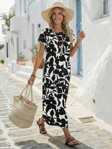 Vestido casual de mujer con estampado floral y manga corta, ideal para vacaciones de verano - Multicolor 7 - Ver 6
