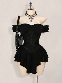 Vestido corto de gasa con volantes en el hombro, cintura fruncida y estampado jacquard para mujer, elegante para fiestas y uso casual - Negro - Ver 1