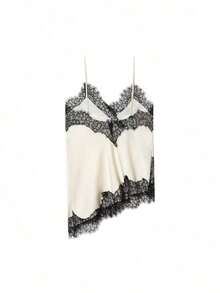 Seelio Nuevo Top de estilo lencería sexy con decoración de encaje, estilo europeo y americano, para mujer, color negro, para verano - Borde negro sobre fondo blanco - Ver 3