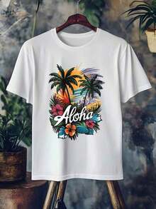 Camiseta hawaiana Aloha, 100% aodón puro, diseño de palmeras tropicales y playara hombres y mujeres, camisetas gráficas de vacaciones de verano, camiseta informal de manga corta - Blanco - Ver 2