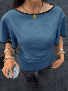 Camisa casual de mujer con ribete de contraste en la cintura y manga corta, para verano - Niebla azul - Ver 5