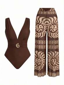 Swim Oasis Conjunto elegante de retro con estampado en espiral de un solo pieza de traje de baño coordinado con pantalón de pierna ancha, conjunto de vacaciones elegante para mujeres - Marrón Chocolate - Ver 9