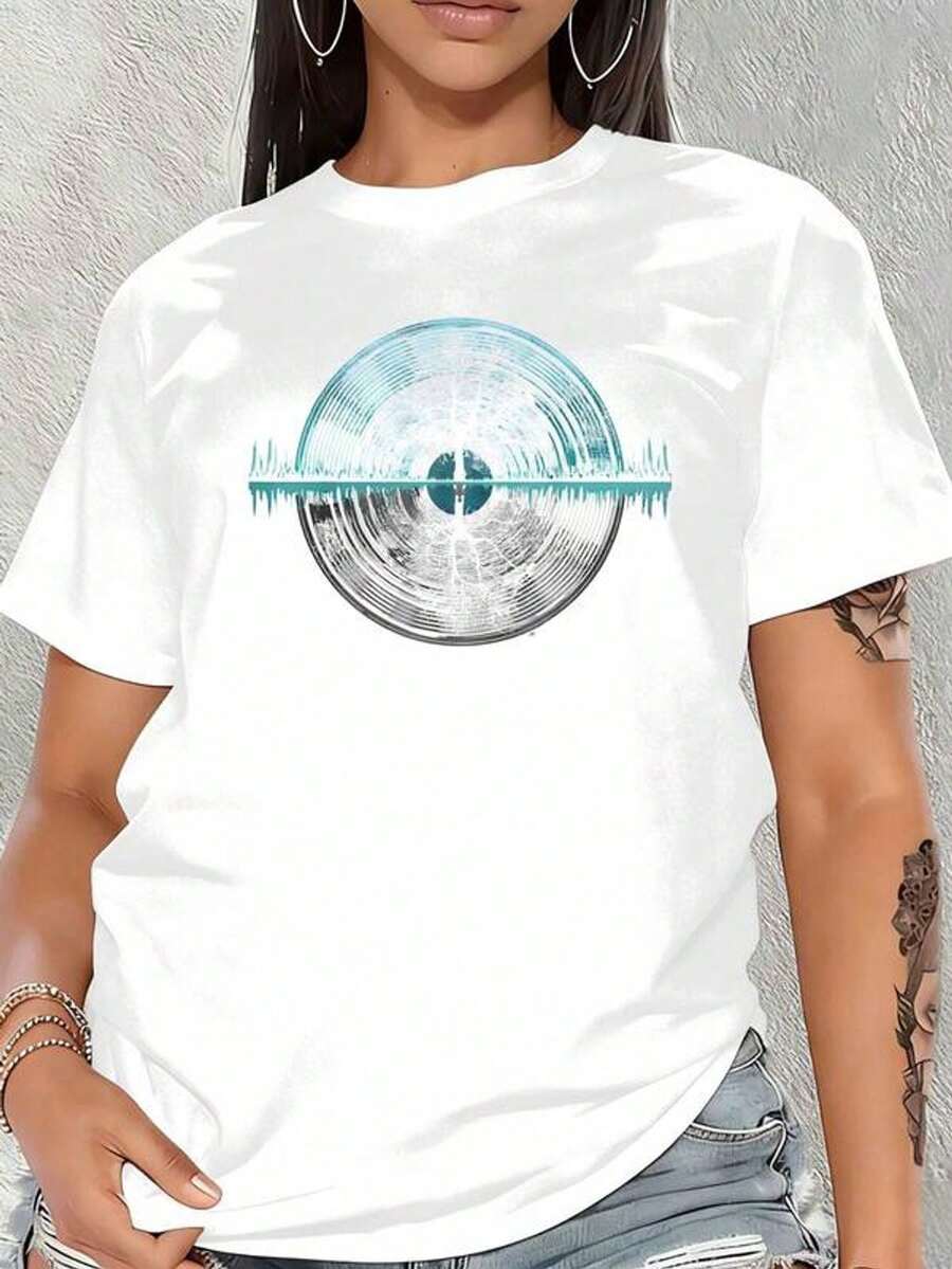 Camiseta casual para mujer talla grande, con estampado azul turquesa "Regreso al silencio", ligera y transpirable parrimavera y verano, top de verano con estampado alegre, uste c￳modo para vacaciones de verano