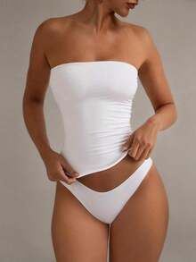Camiseta sin tirantes sexy básica, top tubo blanco elástico de unicolor y ajustado a la moda, adecuado para todas las estaciones y uso casual en verano - Blanco - Ver 1