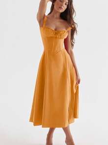 Vestido midi tirantes estilo francés con sensación elegante y delicada para verano - Naranja - Ver 3