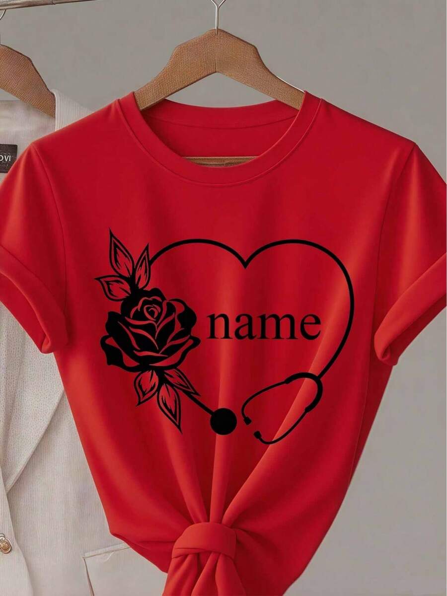 Set Médico Exclusivo 2026! Camiseta con Estetoscopio y Corazón Rosa, con espacio para nombre personalizado, crea tu propia camiseta festiva y linda. Camiseta casual para mujeres y damas, ideal para madres y niñas. - Rojo - Ver 1