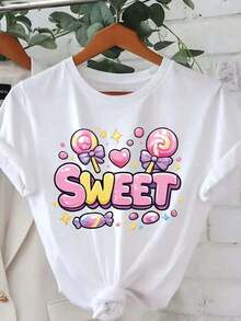 1 pieza de camiseta de manga corta con cuello redondo y estampado de caramelos |   A la moda, cómodo, transpirable, estilo casual, ideal para primavera y verano. 180g 100% algodón, los diseños están completamente impresos. Unisexo. - Blanco - Ver 1