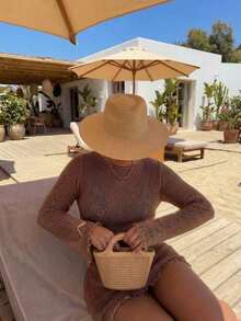 Vestido de cárdigan de punto corto con cuello redondo y manga larga, calado en rosa.Vestido de punto elegante, casual y cómodo para mujer, ideal para primavera/verano, para usar en la playa, resort, fiestas de traje de baño o vacaciones.Diseño minimalista de unicolor y falda corta. - Marrón - Ver 4