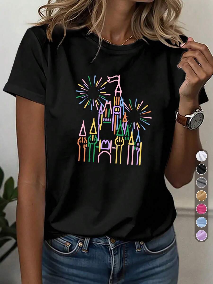 1 pieza de camiseta deportiva casual para mujer, camiseta de cuello redondo, AUX DES MOUBLES, estampado de castillo vintage, ropa casual artística, uso diario, estilo europeo para el Día de la Independencia, camiseta retro, estilo francés chic, top cómodo para todas las estaciones, 180g 100% algodón. - Negro - Ver 1