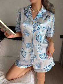 2pcs/Set Summer Blue Shell Pattern Lapel Short Sleeve Top And Shorts Women Pajama Set, Nautical Style, Vacation Style - White - View 4