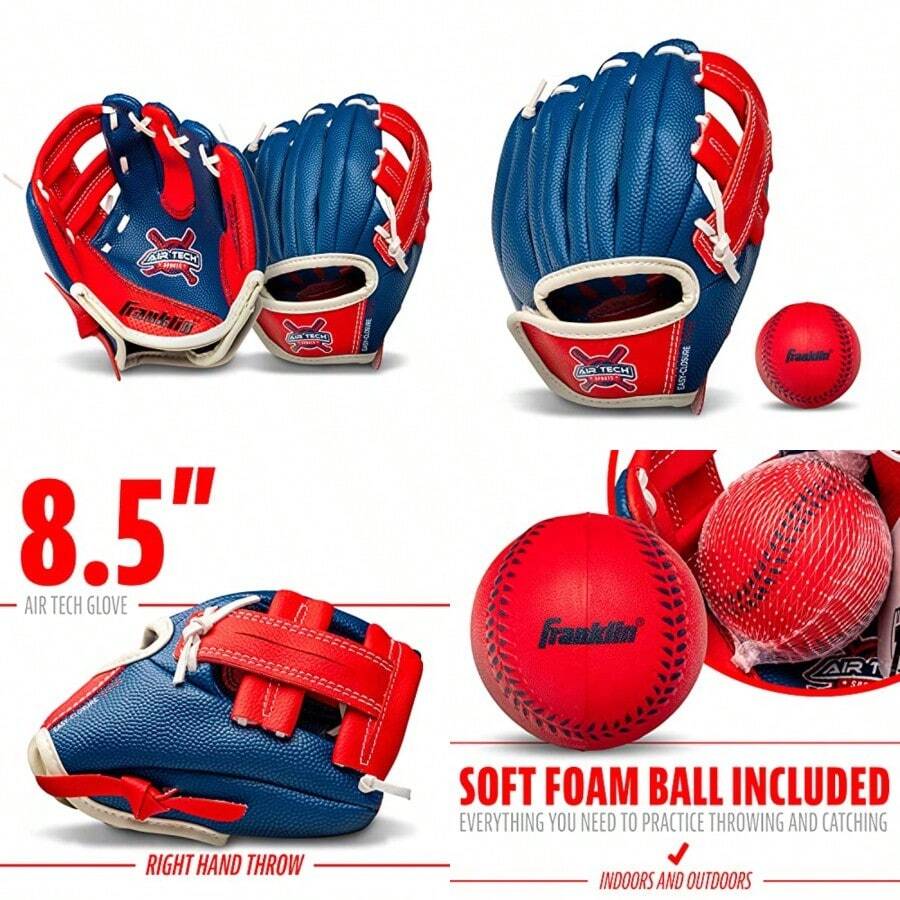 Franklin Sports Air Tech Adapt Series Guantes Teeball de 8.5 Pulgadas: Lanzador para diestros - Azul marino/Rojo - Ver 1