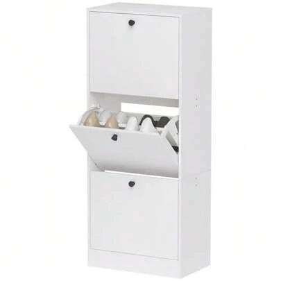 Shoe Cabinet With 3 Doors, Shoe Tilter, Shoe Rack With Adjustable Divider, Narrow Shoe Rack For 12 Pairs Of Shoes, 47 X 28 X 115 Cm, White