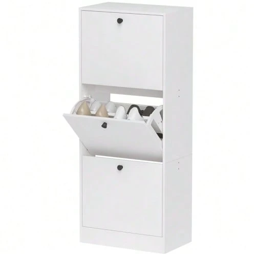 Shoe Cabinet With 3 Doors, Shoe Tilter, Shoe Rack With Adjustable Divider, Narrow Shoe Rack For 12 Pairs Of Shoes, 47 X 28 X 115 Cm, White - 白色 - 查看 1