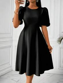 Vestido verde de manga abullonada larga, cuello en V, cintura recogida y bajo acampanado, para primavera y verano - Negro - Ver 8