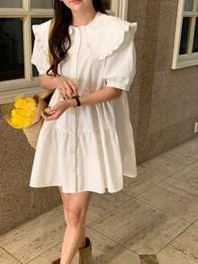 Vestido corto de verano informal y dulce con cuello Peter Pan, borde con volantes y unicolor - Blanco - Ver 11