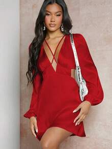 Vestido de cuello profundo de manga farol con tira cruzada de espalda abierta con cordón de satén - Rojo - Ver 9