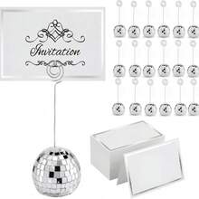 2/4/6 piezas Soportes para tarjetas de bola de discoteca, soportes para fotos y números de mesa, soportes giratorios de bola de discoteca plateada, adecuados para exhibir menús, bodas, fiestas y cumpleaños - Tarjetero de discoteca + tarjetas - Ver 1