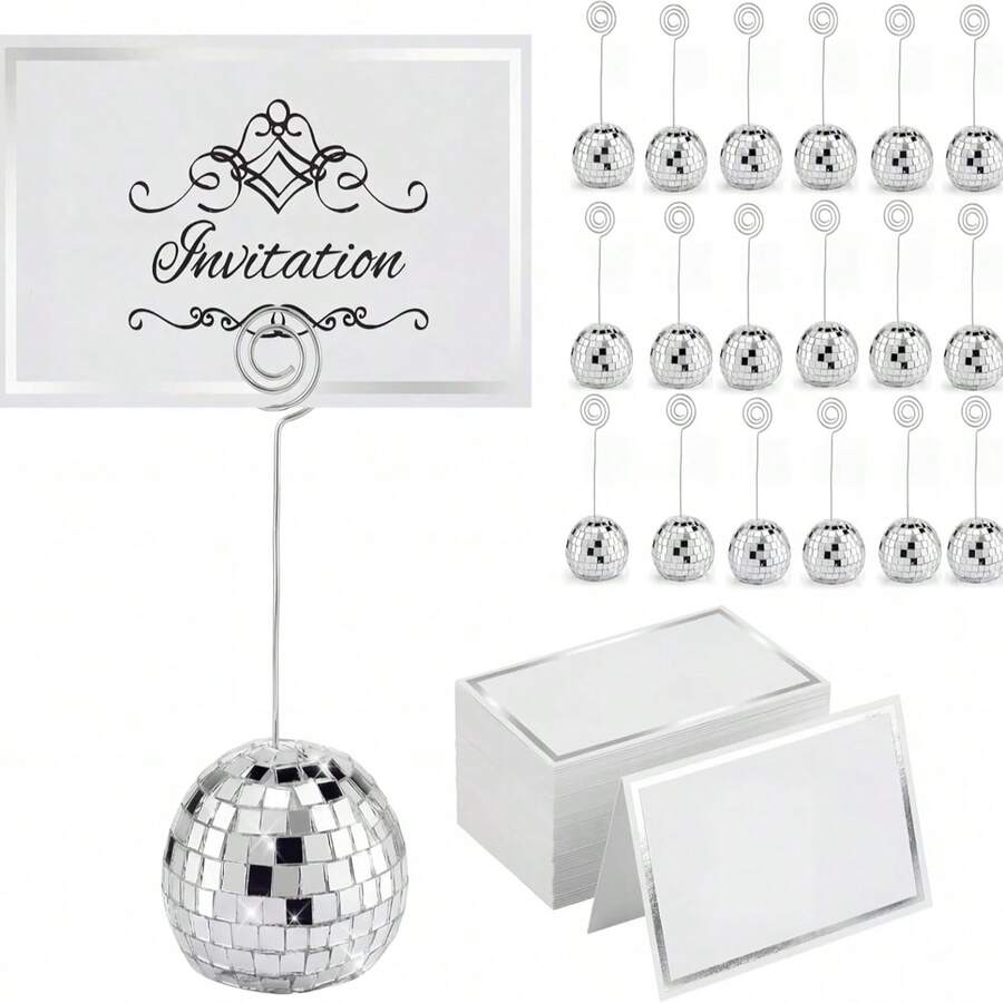 2/4/6 piezas Soportes para tarjetas de bola de discoteca, soportes para fotos y números de mesa, soportes giratorios de bola de discoteca plateada, adecuados para exhibir menús, bodas, fiestas y cumpleaños - Tarjetero de discoteca + tarjetas - Ver 1
