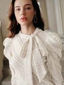 Camisa de mujer de manga larga elegante con diseño de corbata de moño, con sensación de alta gama, adecuada para primavera y el Día de San Valentín - Albaricoque - Ver 12