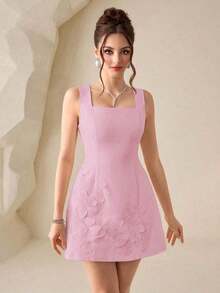 Vestido mini sexy con decoración floral 3D y cinturón a la cintura en color amarillo pálido, adecuado para citas, fiestas y ocasiones formales - Rosa Pálido - Ver 4