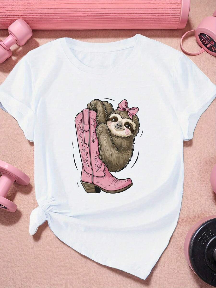 Camiseta deportiva de manga corta para mujer de talla con perezoso y cinta rosa. - Blanco - Ver 1