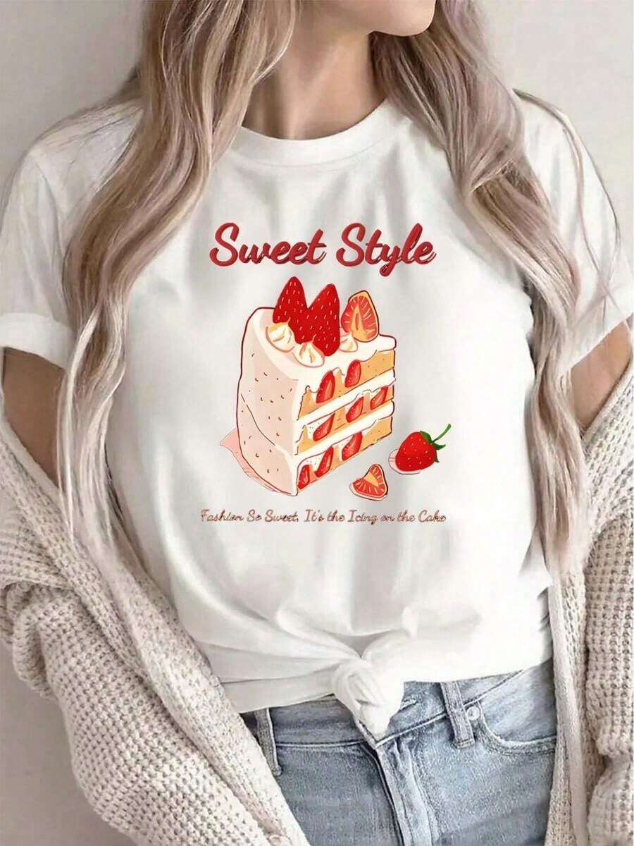 Women's White T-Shirt With A Fun Cake Print. This Casual, Loose-Fitting T-Shirt Has Short Sleeves And Makes A Great Gift For Halloween Or Dessert Lovers. It's Lightweight And Comfortable, Perfect For Lounging At Home, Going To Cafes, Or Out And About. Unisex Cotton T-Shirt, Loose-Fitting, Comfortable, With An Urban Vintage Style. - 白色 - 查看 1