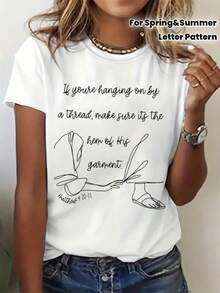 Camiseta Casual de Cuello Redondo con Estampado de Letras, Manga Corta, Moda Primavera-Verano, Top para Mujer - Blanco - Ver 2