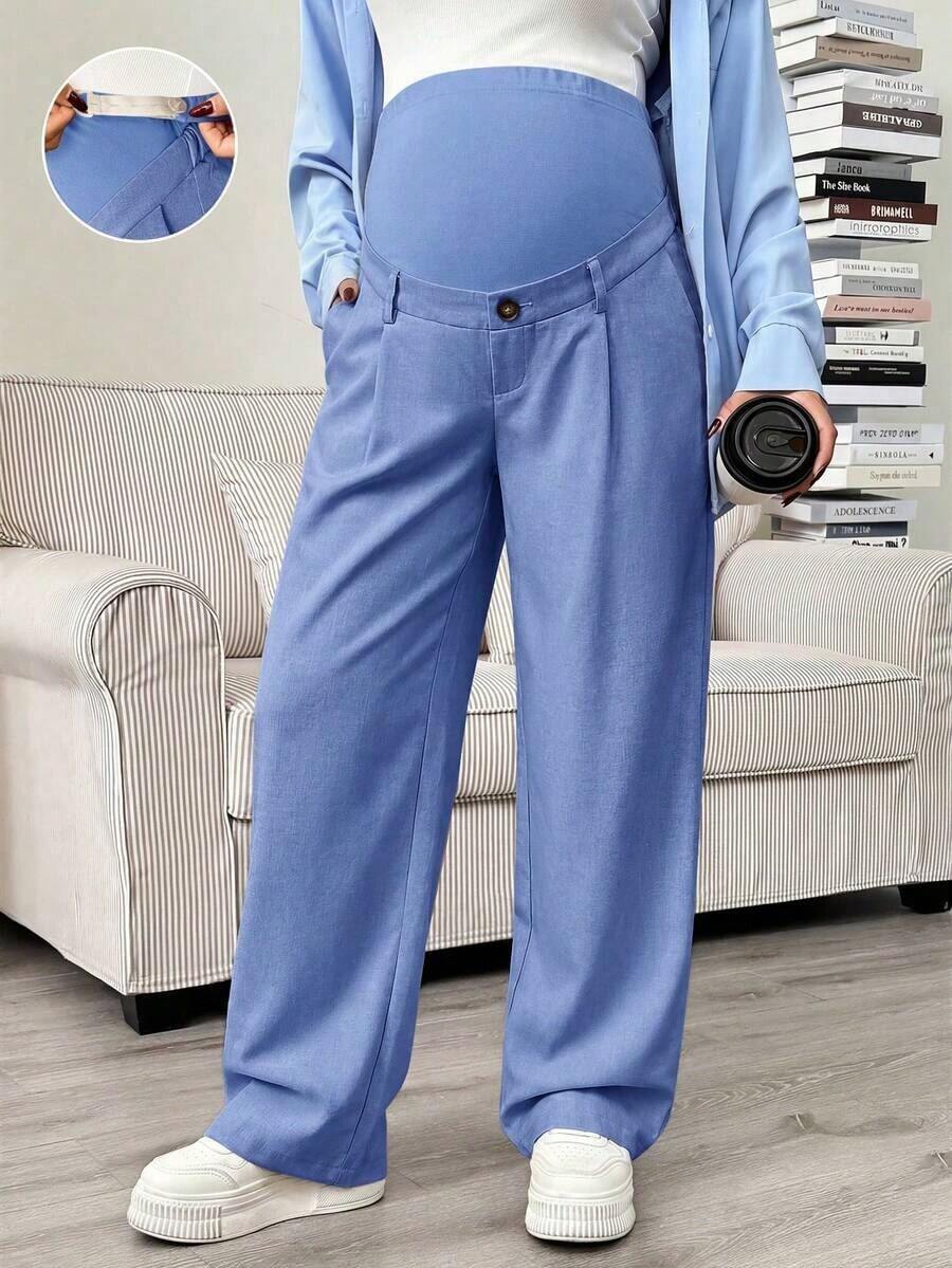 Pantalones rectos con bolsillo en diagonal, cintura ajustable, para maternidad - Azul - Ver 1