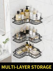 Estantería de esquina negra duradera y minimalista moderna con múltiples compartimentos de almacenamiento montados en la pared, a prueba de óxido y resistente, adecuada para almacenar limpiador, champú y cosméticos, instalación adhesiva, ahorradora de espacio - Multicolor - Ver 10