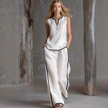 New 2026 Women's Casual Two-Piece Set, Contrasting Color Sleeveless Top And Wide-Leg Pants - 白色 - 查看 3