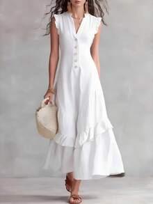 Nuevo 2026 Vestido Mujer Estilo Minimalista Elegante Color Sólido Sin Mangas Ajustado Algodón Lino - Blanco marfil - Ver 1