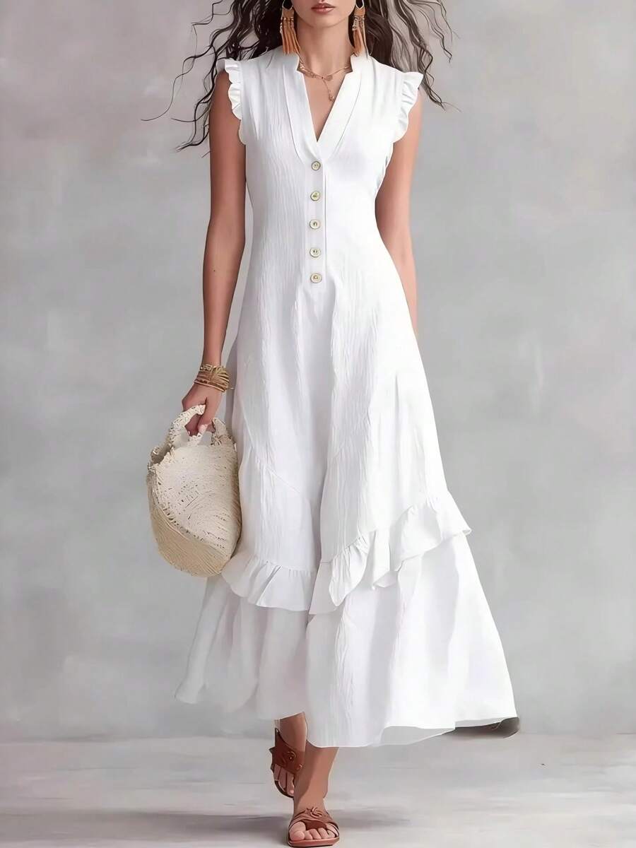 Nuevo 2026 Vestido Mujer Estilo Minimalista Elegante Color Sólido Sin Mangas Ajustado Algodón Lino - Blanco marfil - Ver 1