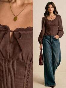 Blusa de manga larga elegante con ribete de encaje de unicolor para mujer - Café integral - Ver 9