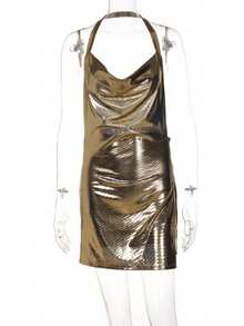 Vestido ajustado unicolor espalda descubierta con abertura  nueva - Dorado - Ver 3