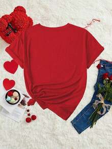 Nueva Camiseta Casual de Verano para Mujer, Cuello Redondo, Manga Corta, Estampado de Corazones, Día de San Valentín - Estilo Vintage Urbano, Unisex, Holgada, de Algodón, Manga Corta, Cuello Redondo - rojo - Ver 2