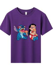 Disney Stitch And Lilo Eating Ice Cream Printed Pattern T-Shirts For Girls - Children's Clothing Design Short-Sleeved Casual And Cute Style Comfortable And Casual Wear All Year Round Suitable For Parties And Play Machine Washable Gift Children's Clothing Girls' Short-Sleeved Shirts - Màu tím - Xem 2
