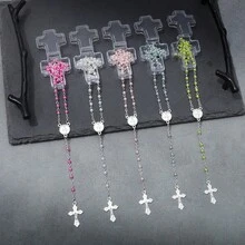 1件手工仿珍珠十字架念珠长项链吊坠，男女通用 - 玫紅色 - 查看 1