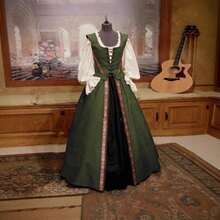 Medieval Renaissance Style, Two-Piece Dress With Square Neckline And Waistband, Vintage Women's Ball Gown - Army Green - View 9