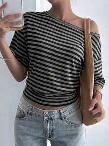 Blusa holgada y casual de mujer con rayas y parches, cuello oblicuo y manga corta, elegante estilo callejero para primavera, verano y otoño - Gris - Ver 5