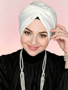 1pc Solid Color Ready-To-Wear Headscarf Hat With Pearl Decor For Women - Pearl-decorated Headscarf - View 2