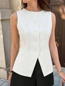 Blusa sin mangas de unicolor casual para mujer, adecuada para el transporte en verano - Blanco - Ver 7
