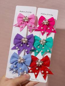 VBOOR 6pcs Bright Tweed Bow Hair Clips, Faux Pearl & Rhinestone Decor, Women Bow Hair Barrettes, Multicolor Hair Accessories,Hair Claws,Bobby Pin - Multicolor - View 3
