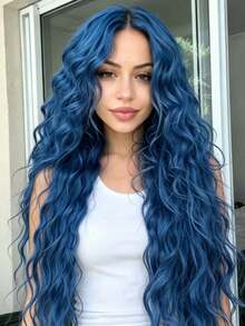 Dark Blue Colored Deep Wave Synthetic Glueless Wigs For Daily Party Cosplay Use Music Festival Dance Party Street Wear Use 13x4 HD Blue Colored Long Kinky Curly Lace Frontal Wigs Free Parting Heat Resistant - 藍色 - 查看 3