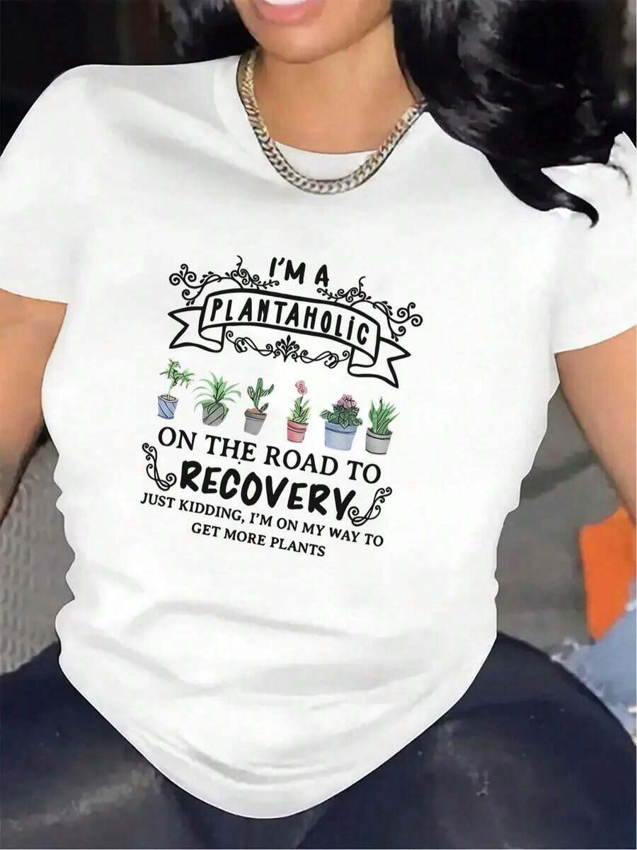 Women's Short Sleeve Graphic T-Shirt "I'm On The Road Loving Plants" | Black And White Plant Print, Durable And Comfortable, Lightweight And Breathable Crew Neck, Suitable For Indoor Gardening, Living Room And Balcony Use, Casual Wear For All Seasons. - 白色 - 查看 1